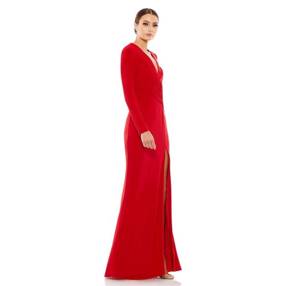 MAC DUGGAL JERSEY LONG SLEEVE ASYMMETRICAL RUCHED GOWN - Picture 3 of 11